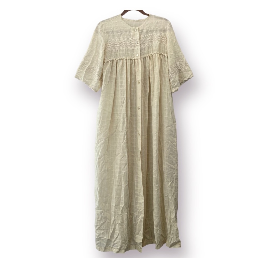 LADY LEONORA Vintage 1950’s Maxi Sleep Dress Embroidered Windowpane Large